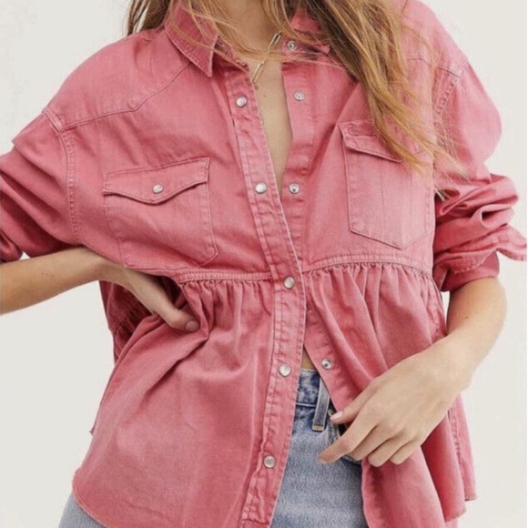 FREE PEOPLE Dylan Button-Up Babydoll Chambray Shirt Jacket - Picture 1 of 10